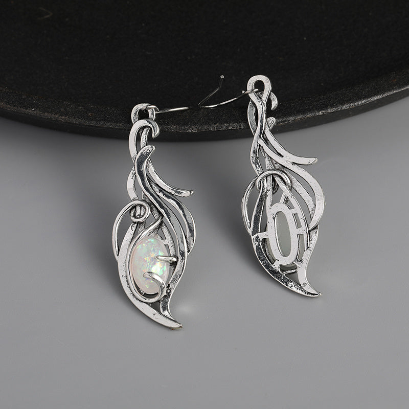 Vintage Opal Dangle Earrings, Bohemian Silver Jewelry