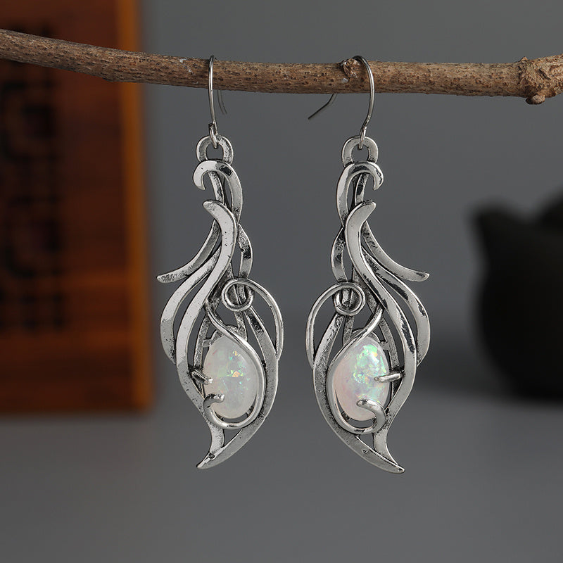 Vintage Opal Dangle Earrings, Bohemian Silver Jewelry