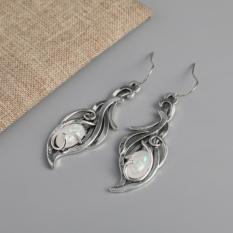Vintage Opal Dangle Earrings, Bohemian Silver Jewelry
